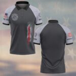 Front view of dark grey distressed red line polo with light sleeves, featuring a Fire Dept logo and vertical flag graphic.