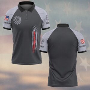 Front view of dark grey distressed red line polo with light sleeves, featuring a Fire Dept logo and vertical flag graphic.