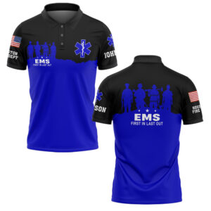 Front view of the first responder EMS polo in blue and black, featuring the text 'FIRST IN LAST OUT'.