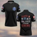 Front view of black ems road rage polo with Star of Life chest logo, button collar, and custom name on the sleeves.