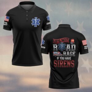Front view of black ems road rage polo with Star of Life chest logo, button collar, and custom name on the sleeves.