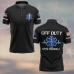 Front view of black save yourself ems polo with Star of Life chest logo, button collar, and custom flag sleeve details.