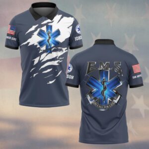 Front view of a navy blue on call for life polo with a black collar and torn graphic revealing a 3D Star of Life emblem.