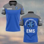 Front view of blue and grey 3d star of life polo showing custom name Johnson on chest and flag detail on the sleeve.