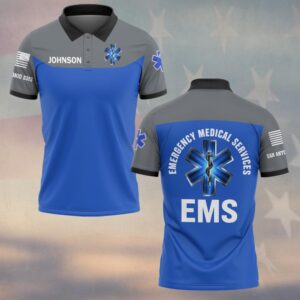 Front view of blue and grey 3d star of life polo showing custom name Johnson on chest and flag detail on the sleeve.