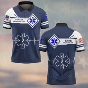 Front view of navy blue star of life polo showing custom EMS text, chest logo, heartbeat graphic, and US flag on the sleeve.