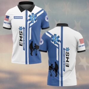 Front view of the blue and white save lives ems polo with Star of Life, custom name, and stretcher silhouette graphic.
