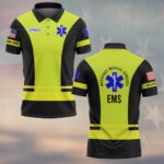 Front view of hi-vis yellow and black star of life polo featuring custom name JOHNSON and small chest logo.
