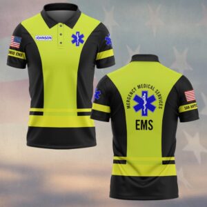 Front view of hi-vis yellow and black star of life polo featuring custom name JOHNSON and small chest logo.