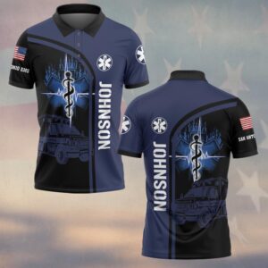 Front view of the emergency nightshift EMS polo in navy, featuring a striking design with EMS logo and ambulance graphics.