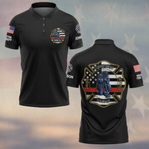 Front view of the black kneeling firefighter polo featuring a detailed emblem on the chest.