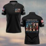 Front view of the firefighter appreciation day polo in black featuring a vibrant graphic of firefighters.