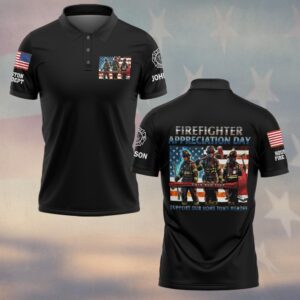 Front view of the firefighter appreciation day polo in black featuring a vibrant graphic of firefighters.