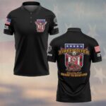 Front view of the black firefighter polo shirt featuring 'Always on Alert Firefighter' design.