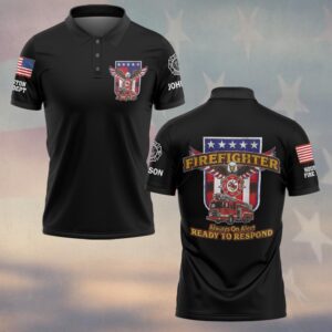 Front view of the black firefighter polo shirt featuring 'Always on Alert Firefighter' design.