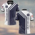 Front view of navy and white split save lives ems polo featuring Star of Life logo and vertical text design.