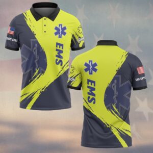 Front view of the rapid response ems polo in high-vis yellow and navy with Star of Life logo and custom department text.