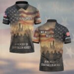 Front view of the 'We Will Never Forget' polo in black, featuring firefighter tribute and American flag design.