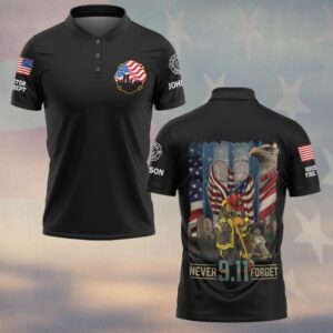 Front view of black never forget 911 polo featuring a chest maltese cross logo with twin towers and US flag sleeve detail.