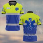 Front view of the hi-vis yellow and blue star of life ems polo featuring a custom name tag and reflective safety stripes.
