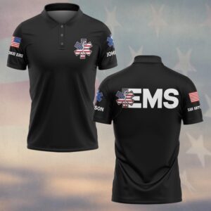 Front view of a black star of life ems polo shirt featuring an American flag medical cross logo on the left chest.