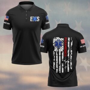 Front view of black paramedic heartbeat polo showing custom EMS chest logo, sleeve flag, and button collar details.