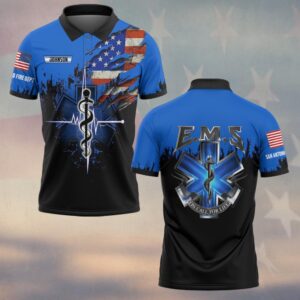 Front view of the On Call For Life EMS polo shirt featuring a blue and black design with patriotic elements.