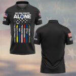 Front view of black fights alone custom polo featuring distressed multi-line first responder flag and sleeve prints.