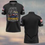 Front view of black usa 250 responder polo with firefighter, police, and medical silhouettes over First Responders text.