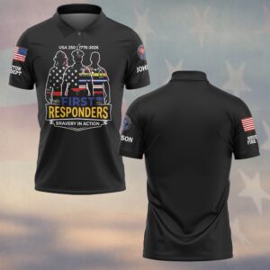 Front view of black usa 250 responder polo with firefighter, police, and medical silhouettes over First Responders text.