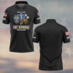 Front view of black bravery in action polo shirt featuring police badge, axes, and first responder chest graphics.