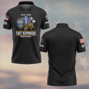 Front view of black bravery in action polo shirt featuring police badge, axes, and first responder chest graphics.