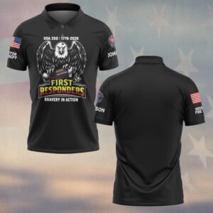 Front view of the black bravery in action polo with USA 250 eagle chest graphic and custom first responder sleeve logos.