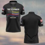 Front view of the black bravery in action polo showing the distressed first responder flag design and chest text.