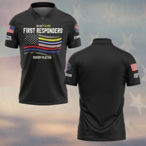 Front view of the black bravery in action polo showing the distressed first responder flag design and chest text.