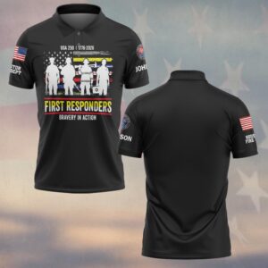 Front view of black custom bravery in action polo featuring first responder silhouettes and distressed USA flag graphic.