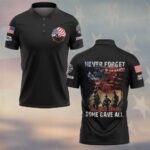 Front view of black some gave all polo with custom firefighter sleeve text and 9/11 US flag Maltese cross chest logo.