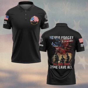 Front view of black some gave all polo with custom firefighter sleeve text and 9/11 US flag Maltese cross chest logo.