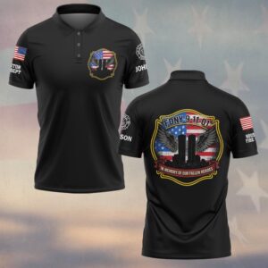 Front view of FDNY 9/11 tribute polo in black, featuring vibrant emblem and collar design.