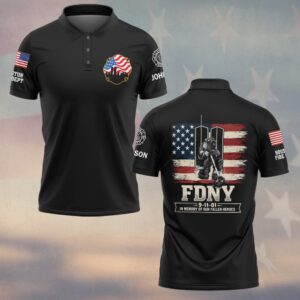 Front view of the 9/11 memorial polo featuring a black design with American flag and fire department emblems.