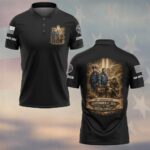 Front view of black 9/11 memorial polo shirt featuring a first responder chest graphic and custom sleeve flag.