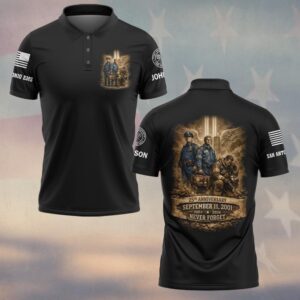 Front view of black 9/11 memorial polo shirt featuring a first responder chest graphic and custom sleeve flag.