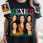 Front view of the black mexico pride bootleg shirt showcasing a vibrant custom photo collage design.