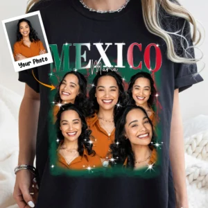 Front view of the black mexico pride bootleg shirt showcasing a vibrant custom photo collage design.