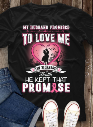 Black breast cancer awareness shirt featuring a romantic design with pink heart and text from the front view.