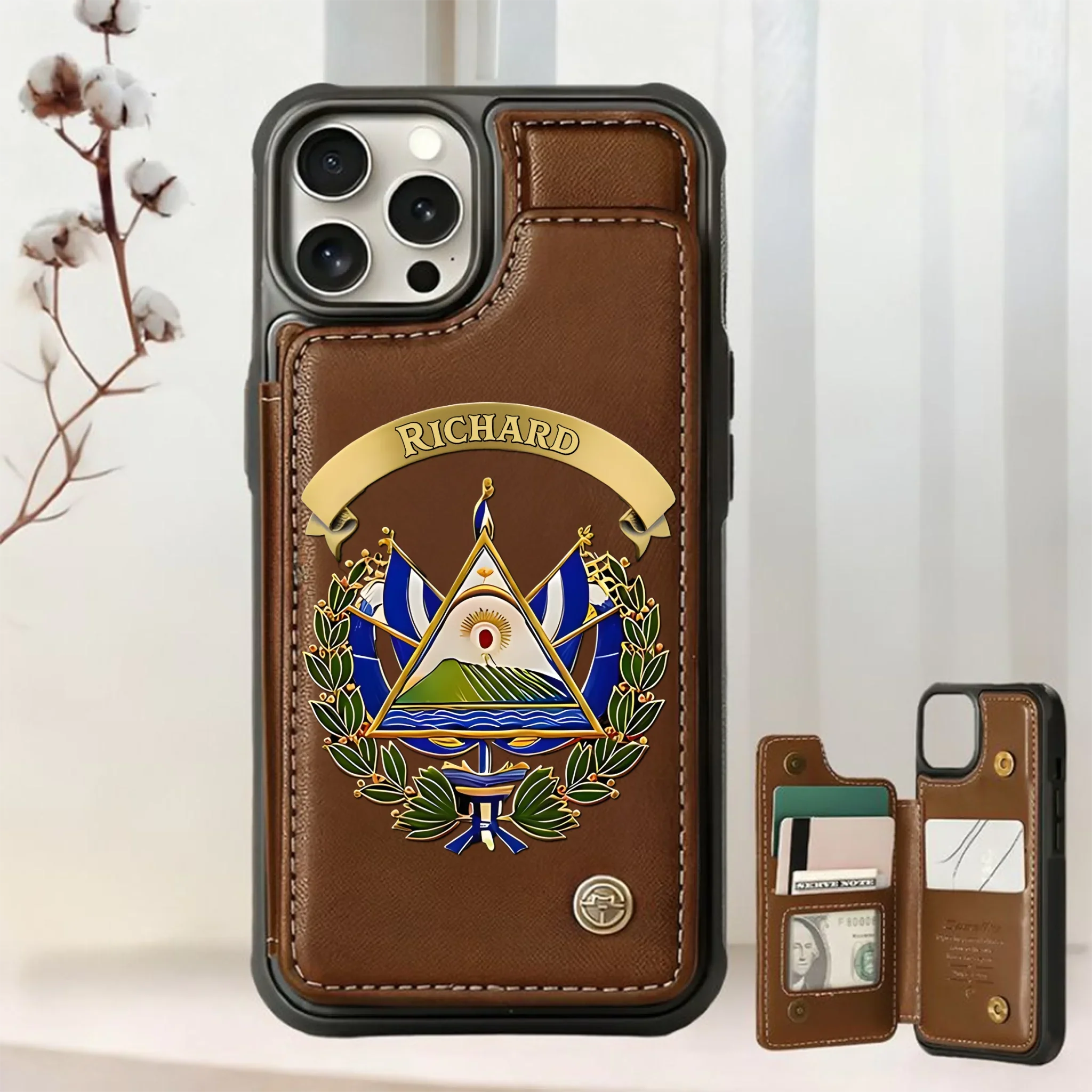 Personalized Proud El Salvador Wallet Phone Case Personalized Proud El Salvador wallet case in rich brown, showcasing emblem design from the front view.