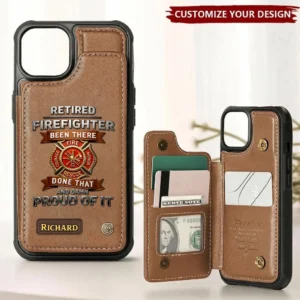 Personalized retired firefighter wallet case in brown with emblem, showcasing front design and custom name detail.