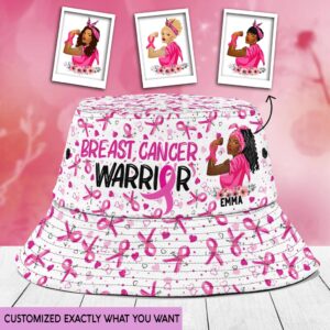 Front view of the custom name breast cancer warrior bucket hat, featuring pink ribbons and a vibrant design.