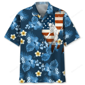 Front view of the Cricket USA shirt featuring vibrant blue floral patterns and a cricket player design.
