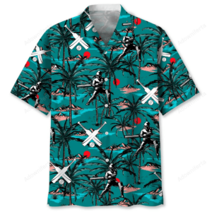 Front view of a vibrant cricket Hawaiian shirt featuring palm trees and cricket players in a teal color